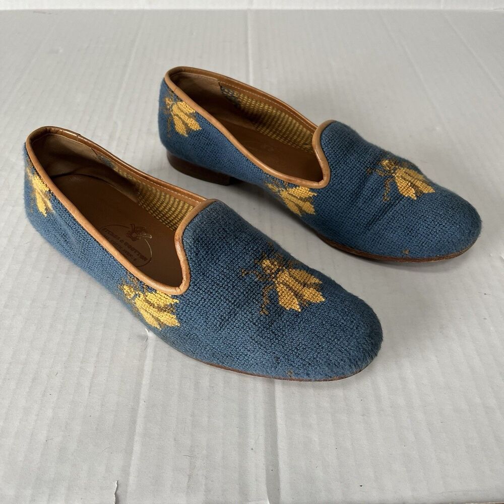 Stubbs & Wooton Blue Needlepoint Loafers Gold Bee Motif Womens 8 Preppy Comfort